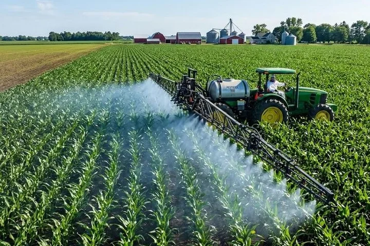 Sprayer applying treatment across a row-crop field