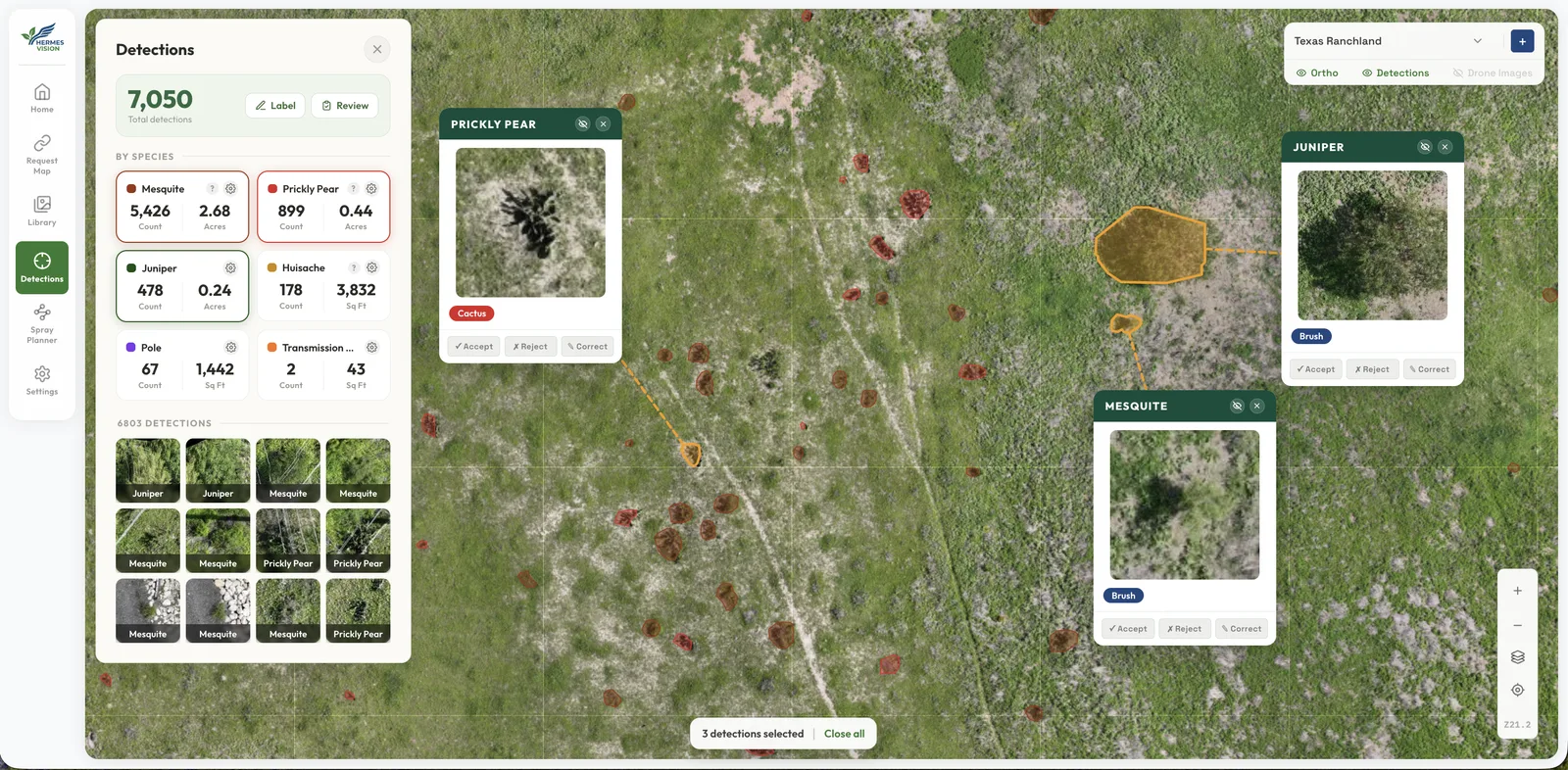 Hermes Vision platform: detections counted by species on a ranch map